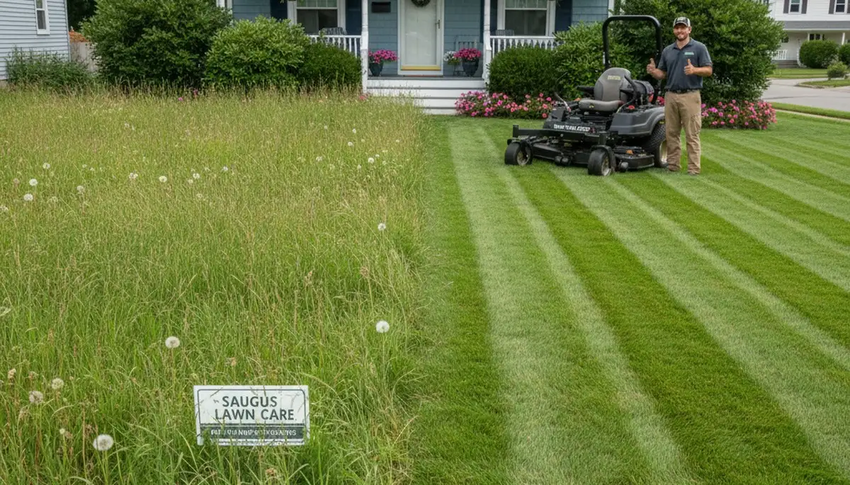 Before and after lawn mowing showing trimmed green yard transformation in Saugus, MA by Chop Chop Landscaping