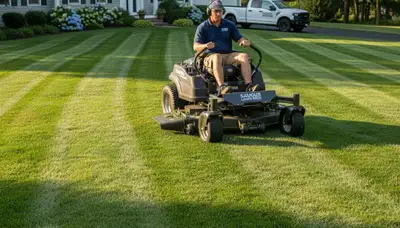 Professional lawn mowing with commercial mower creating striped patterns in Saugus, MA