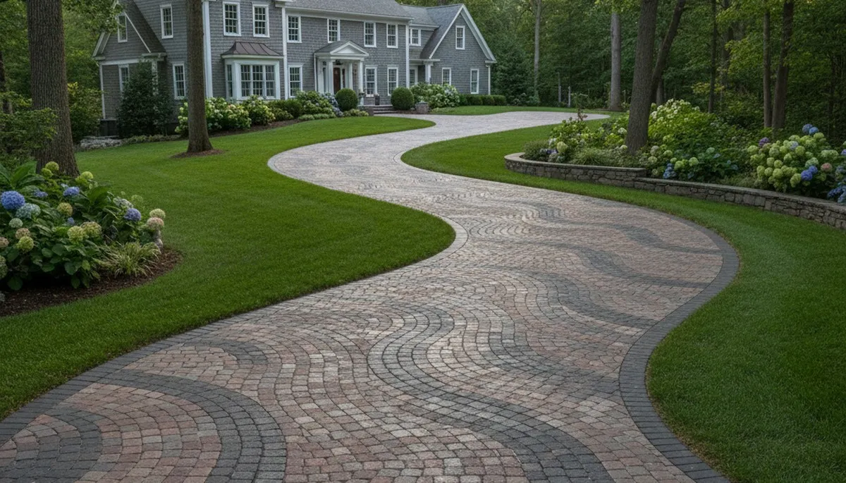 Curved paver driveway installation showcasing expert landscaping craftsmanship in Saugus, MA