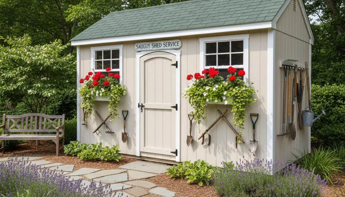 Decorative garden shed with custom landscaping in Saugus, MA by Chop Chop Landscaping