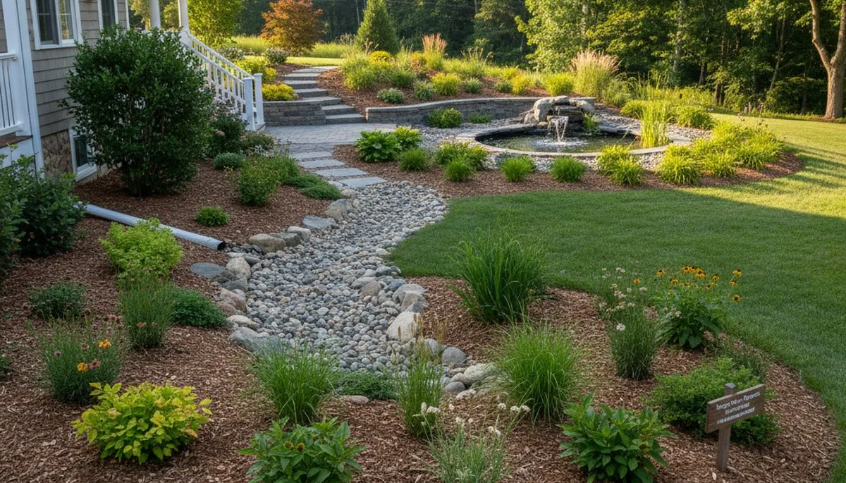 Eco-friendly rain garden with native plants and water-saving design by landscapers in Saugus, MA