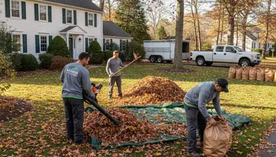 Technicians performing fall leaf removal and yard clean up on a residential lawn in Saugus, MA