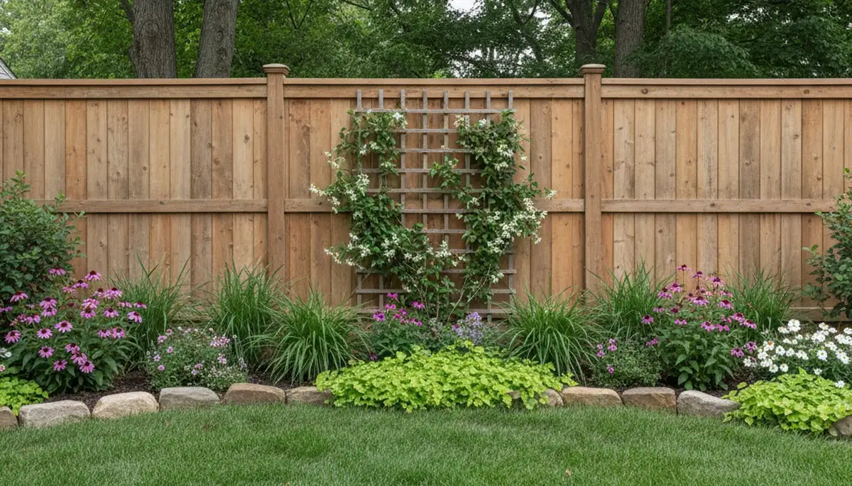 Custom fence with climbing plants and garden beds by Chop Chop Landscaping in Saugus, MA