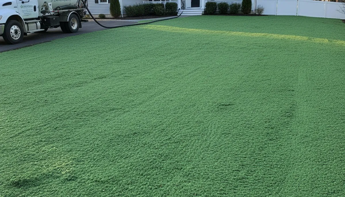 Fresh hydroseed application on prepared lawn soil by Chop Chop Landscaping in Saugus, MA