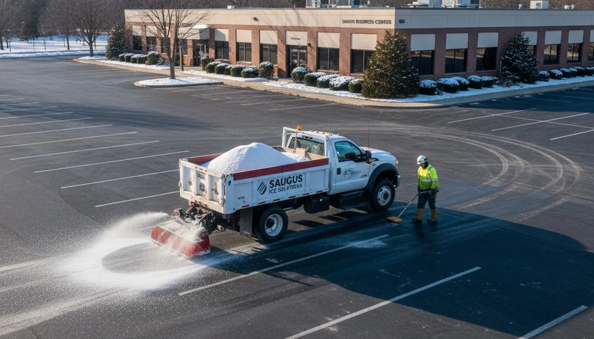 Professional de-icing and salt application on pavement in Saugus MA for winter safety