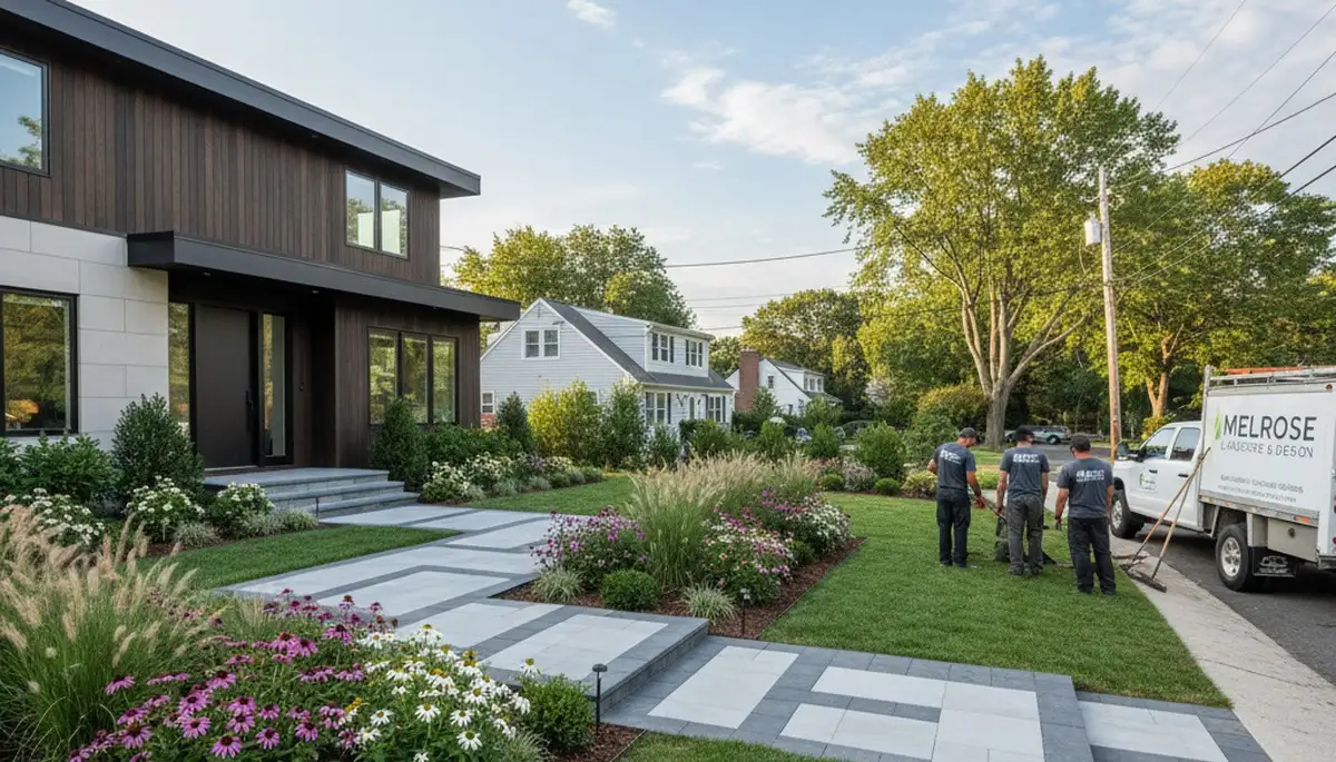 Landscaping crew providing lawn care and hardscaping services in Saugus, MA