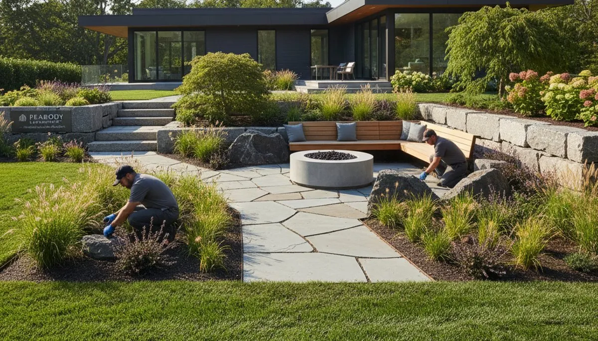 Landscaping team providing lawn care and yard maintenance in Saugus, MA
