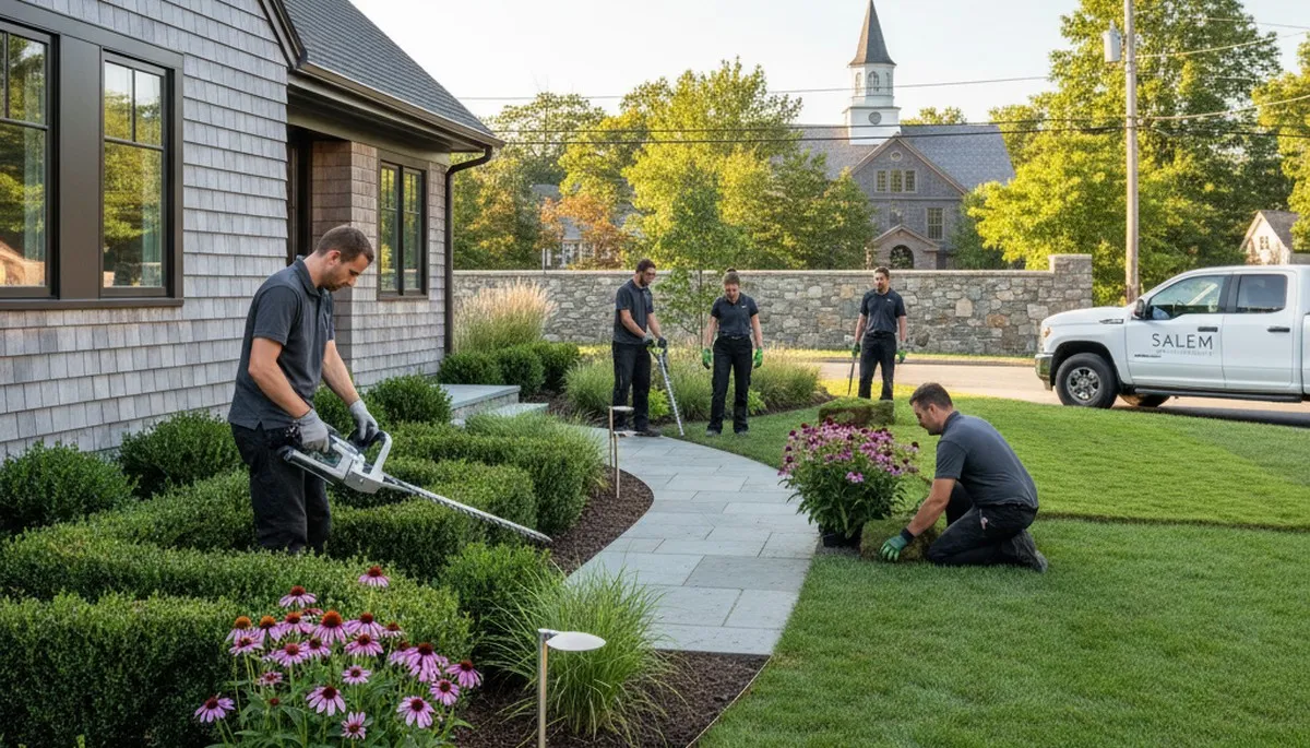 Landscaping crew providing yard maintenance services in Saugus, MA