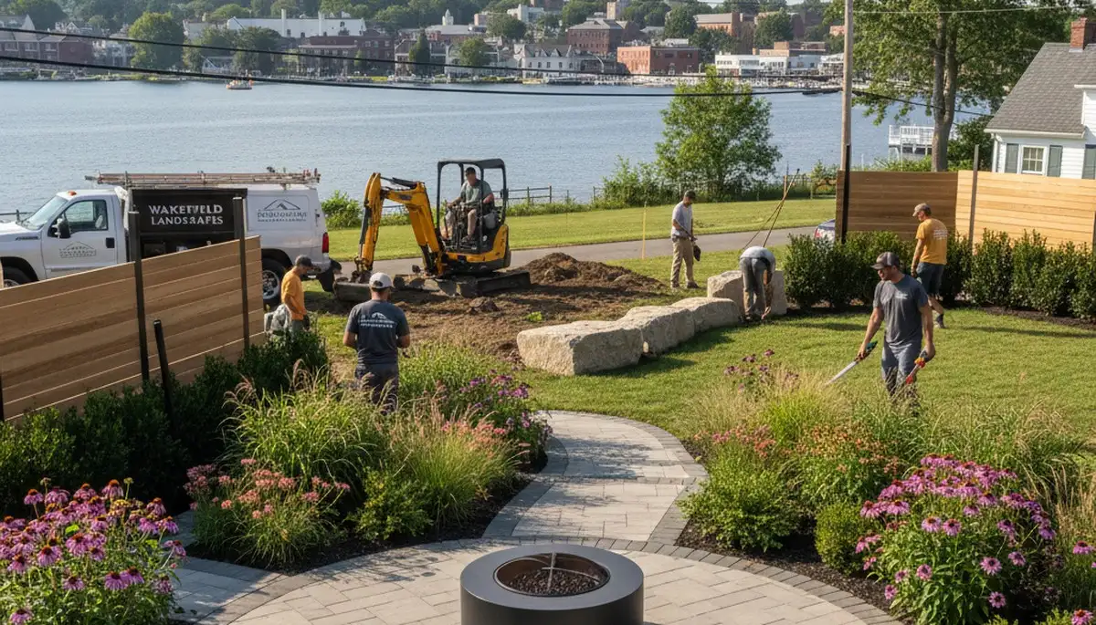 Landscaping crew providing lawn care and yard maintenance in Saugus, MA