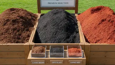 Brown, black, and red mulch options displayed for landscaping in Saugus, MA by Chop Chop Landscaping