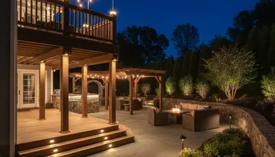 Illuminated deck and patio with post and step lights by Chop Chop Landscaping in Saugus, MA