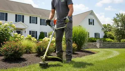 Technician performing precise lawn edge trimming in Saugus, MA for professional landscaping maintenance