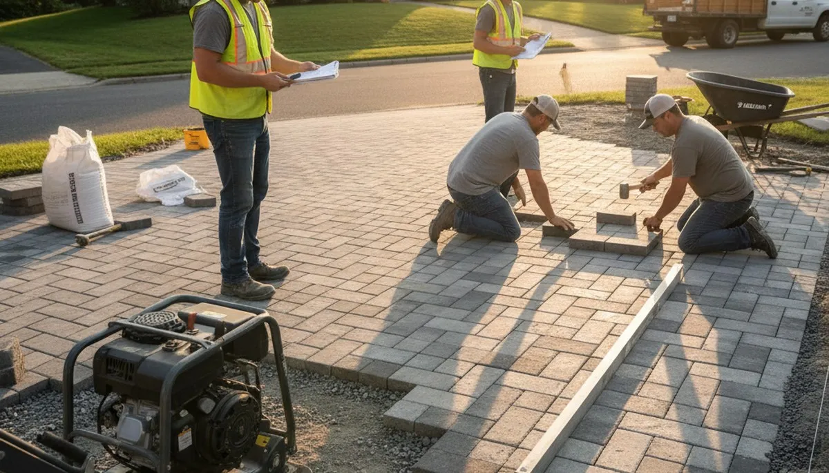Professional crew installing driveway pavers in Saugus, MA for Chop Chop Landscaping