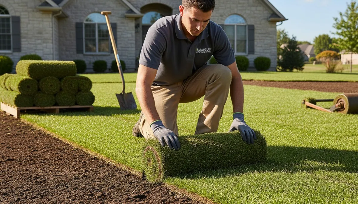Professional landscaper installing fresh sod with staggered seams in Saugus, MA lawn