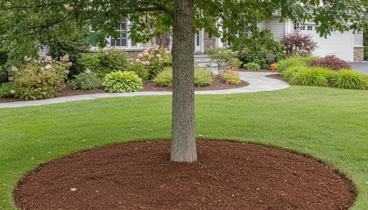 Professional tree ring mulching around tree base in Saugus, MA by Chop Chop Landscaping