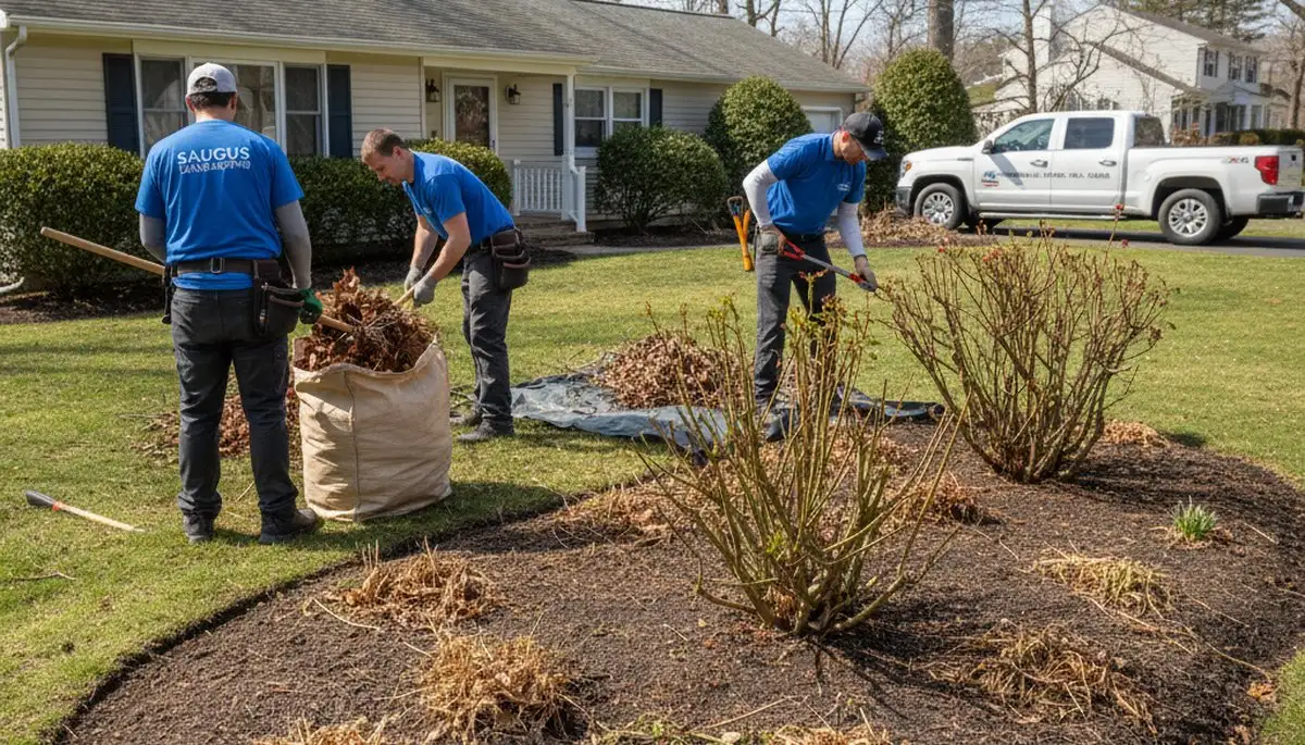 Spring yard clean up in Saugus, MA with landscapers clearing debris and pruning shrubs for property refresh