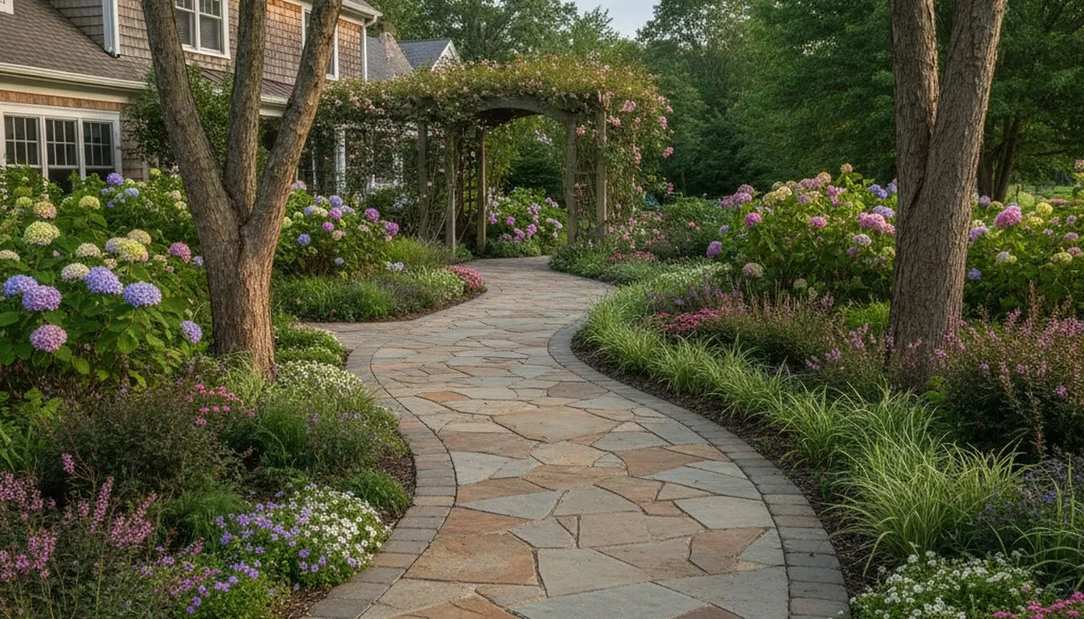 Curved stone paver pathway installation in Saugus, MA residential landscape by Chop Chop Landscaping