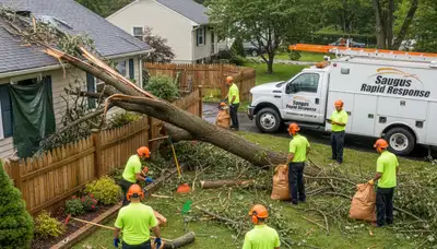 Landscaping crew clearing storm debris and fallen branches from a Saugus MA residential yard
